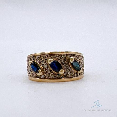 14kt Gold, Blue Sapphire, & Diamond Band Ring