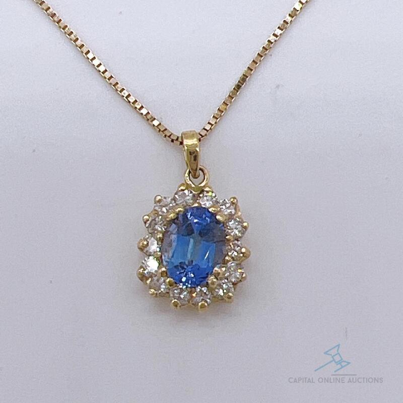 14kt Gold, Blue Sapphire, & Diamond Pendant Necklace