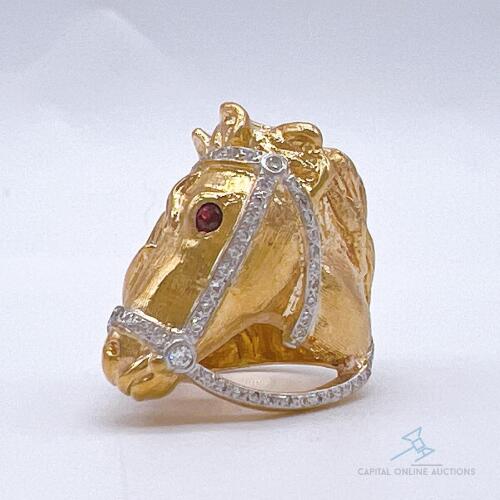 Unique 14kt Solid Yellow Gold & Diamond Horse Ring