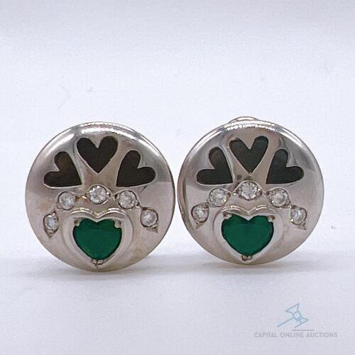 18kt White Gold, Emerald, & Diamond Earrings