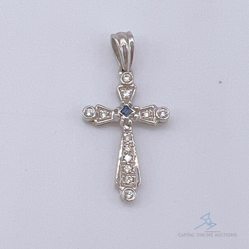 14kt Gold, Blue Sapphire, & Diamond Cross Pendant