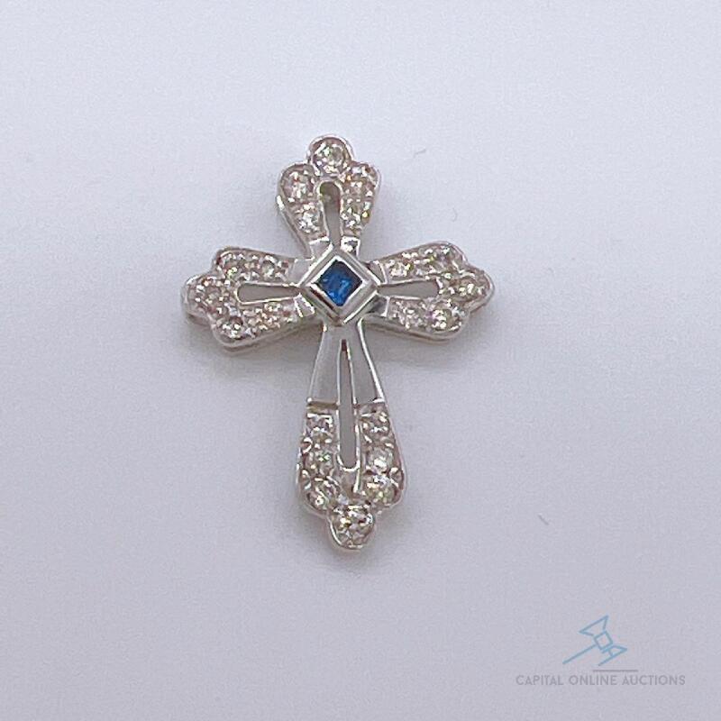 14kt Gold, Blue Sapphire, & Diamond Cross Pendant