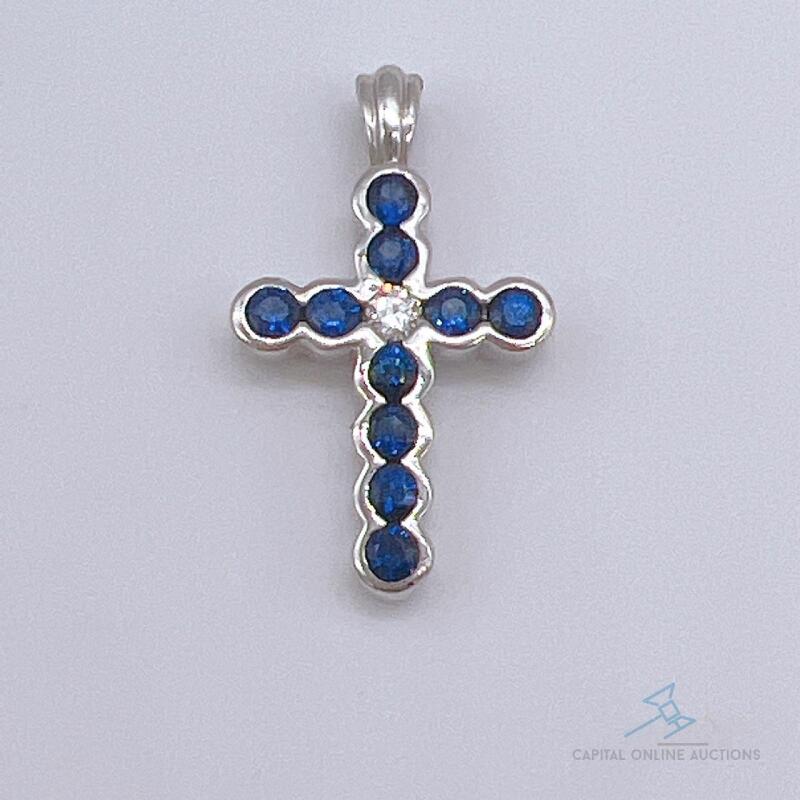 14kt Gold, Blue Sapphire, & Diamond Cross Pendant
