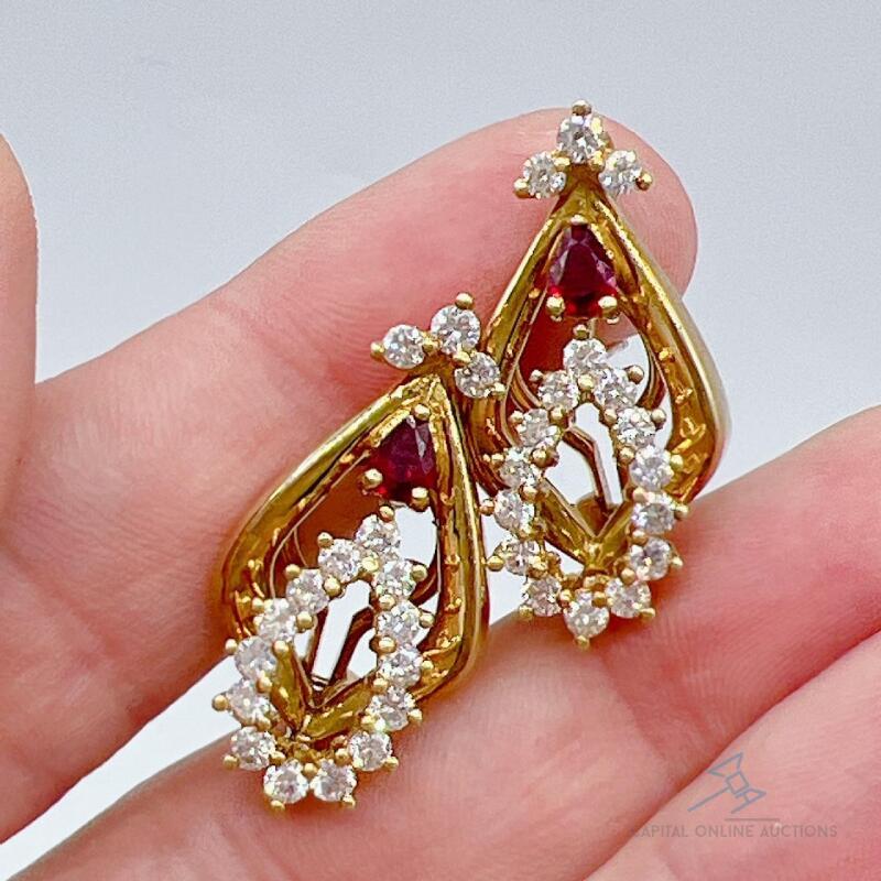 18kt Yellow Gold, Ruby, & Diamond Earrings