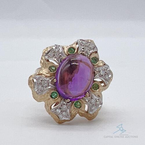 18kt Yellow Gold, Amethyst, Emerald, & Diamond Ring