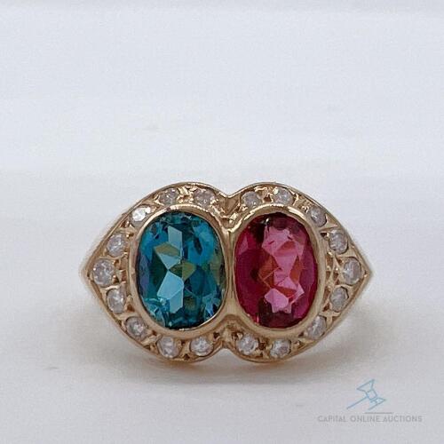 18kt Gold. Blue Topaz, Pink Sapphire, & Diamond Ring