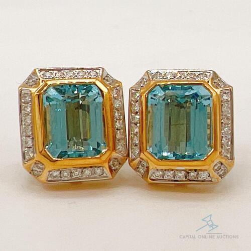 18kt Yellow Gold, Blue Topaz, & Diamond Earrings
