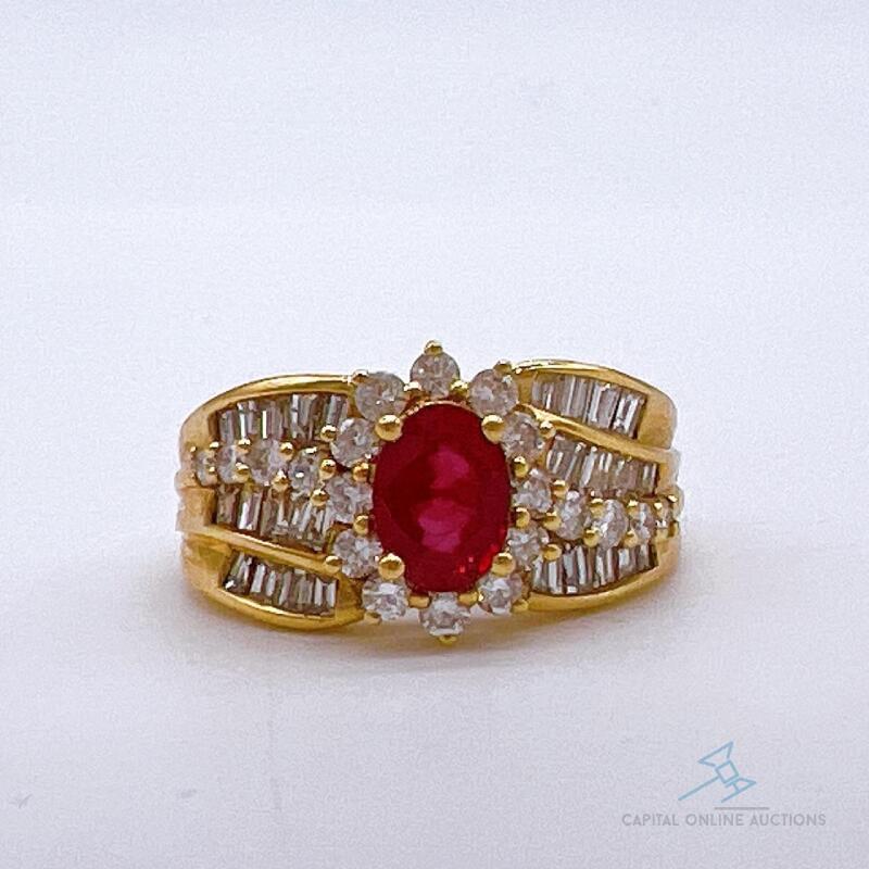 Beautiful 18kt Yellow Gold, Ruby, & Diamond Cocktail Ring