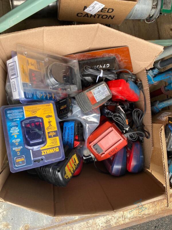 Box of Assorted Batteries and Chargers