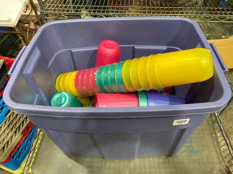 Bin of Multi Colored Plastic Cups