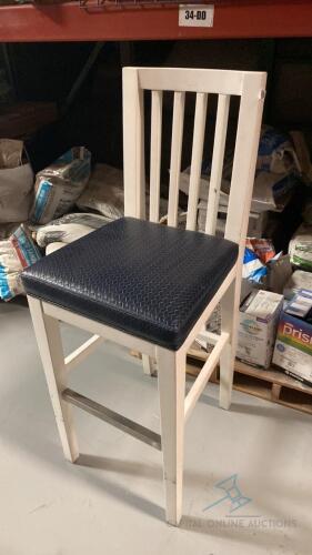 7 Blue Leather and White Wood Barstools
