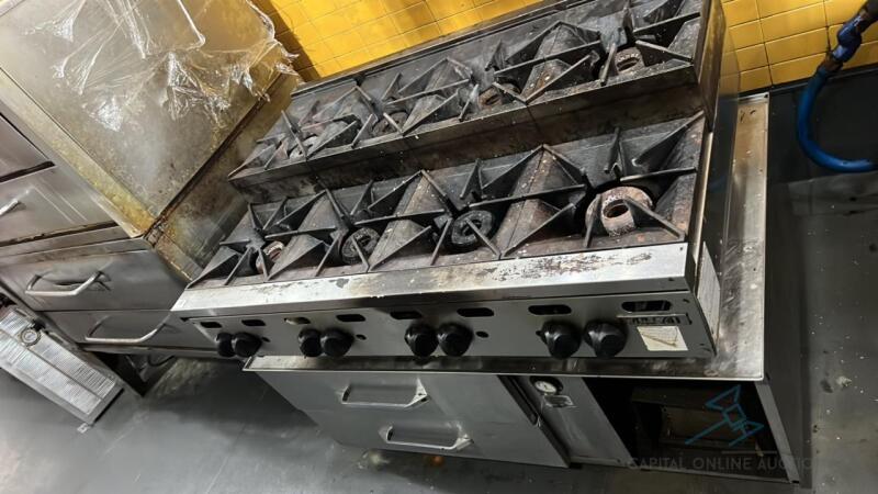 Vulcan 8 burner range with refrigerated chef's base