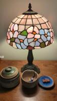 Tiffany Style Lamp, 3 pottery pieces