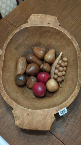 Primitive Hand Hewn Wood Dough Bowl w/ fruit