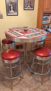 Vintage Style High Top Table, 4 Stools