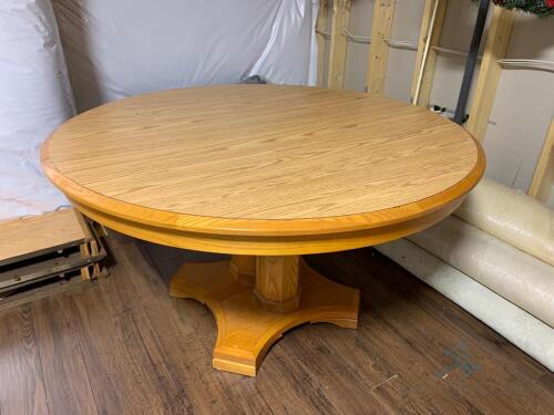 Solid wood (pine) 52 round dining table - includes 4 leaves (12 inches each = 4 feet). Like new, gently used.