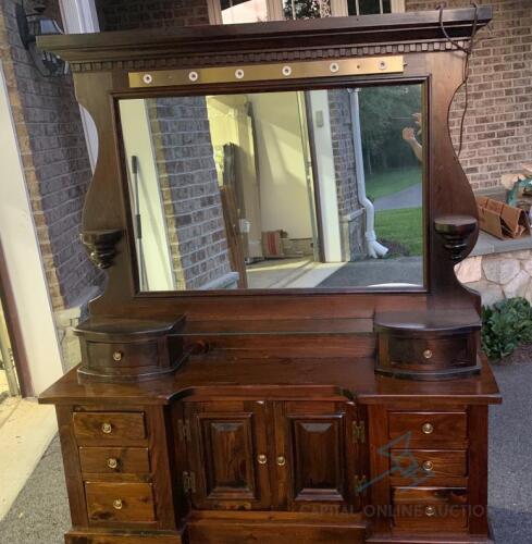 Mid century - antique Credenza/Vanity with mirror (comes with mirror bulbs) and includes cushioned seat.