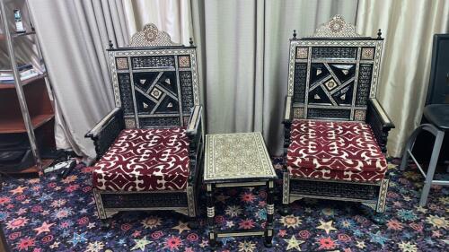 Lot of 2 Ornate Chairs and Side Table