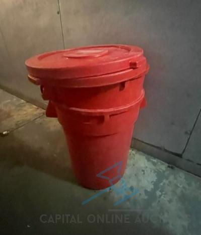 (2) 55 Gal Red Huskee Trash Cans with Lids