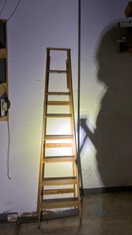 Eight foot tall wooden standing ladder