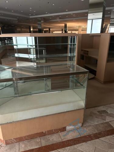 Lot of 5 display/retail fixtures 3 display cases, 2 desks w/ case