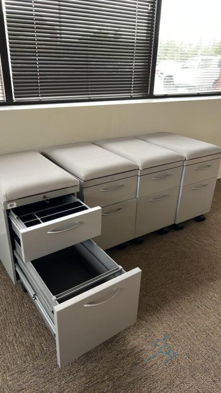 4 Rolling Pedestal Filing Cabinets with Seat Cushions