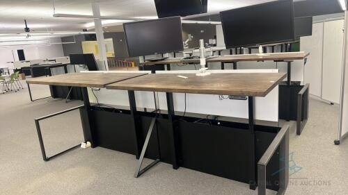 2 high low desks with 2 monitors and mount as pictured