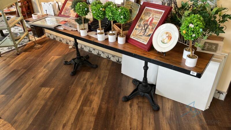 8’x30” wooden dining table with 2 cast iron decorative bases