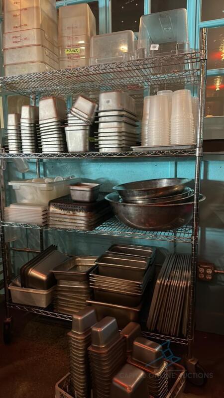 Lot of Assorted Pans, Bowls, Cambro plus rolling shelving rack.