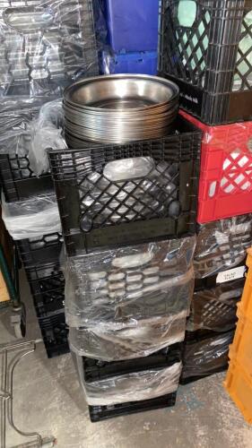 Lot of Approximately 14 Crates of Dishes and 4 Crates of Plate Covers