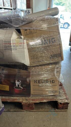 Pallet of Keurigs and 4 Sleeve wire racks