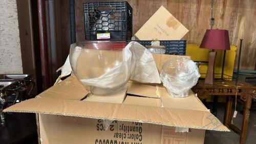 Lot of Assorted size Clear glass Bowls in boxes and crates