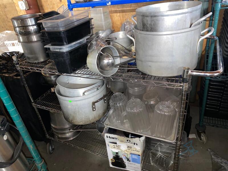 Lot of kitchen wares, pots, water pitchers