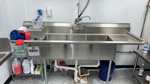 3 compartment sink with left and right drain board, over sprayer