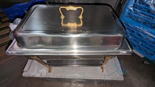 (7) Chafing Dish, Brass Trim Stainless 8qt Rectangle