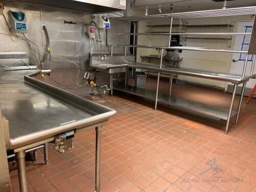 Lot of Clean and Dirty Stainless Steel Dishwashing Tables