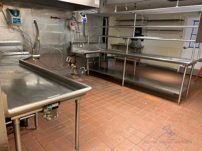 Lot of Clean and Dirty Stainless Steel Dishwashing Tables