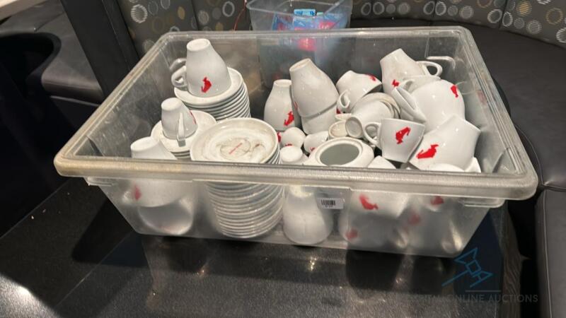 Large bin of coffee cups, Demi cups and saucers