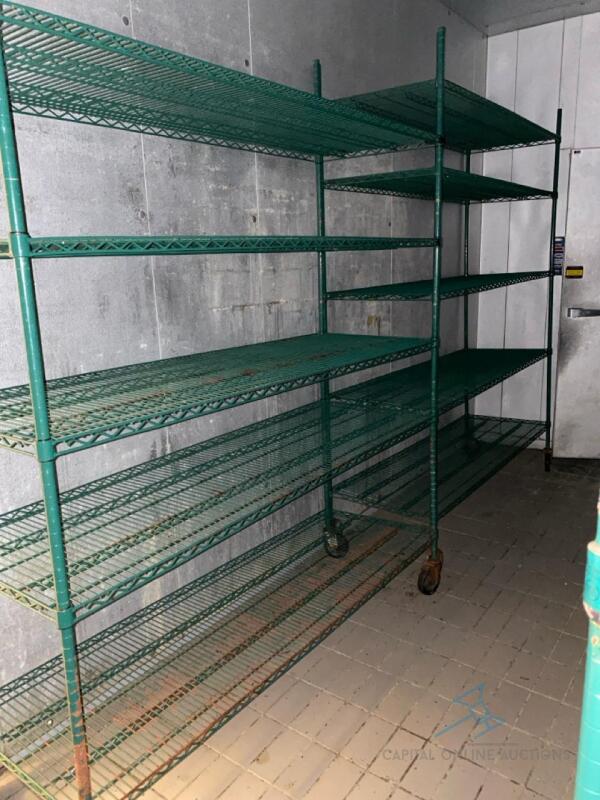 (2) Wheeled Green Wire Shelving Units