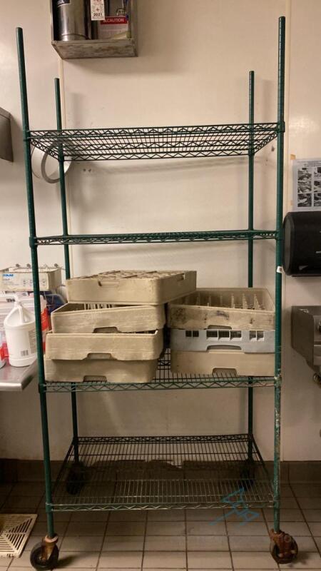 Wheeled Green Wire Shelving Unit with Contents