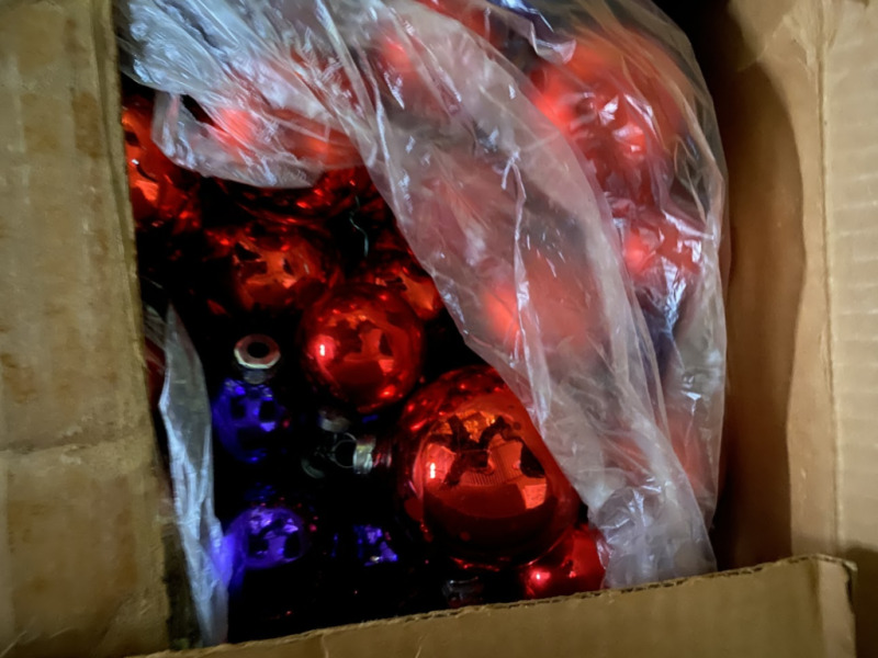 2 Boxes of Red and Purple Ornaments