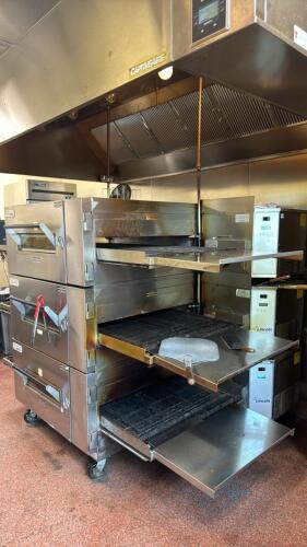 Triple Lincoln conveyor pizza ovens