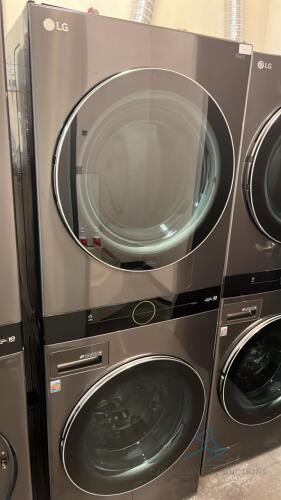 WashTower Stacked SMART Laundry Center 5.0 Cu.Ft. Front Load Washer & 7.4 Cu.Ft. Gas Dryer in Black Steel w/ Steam