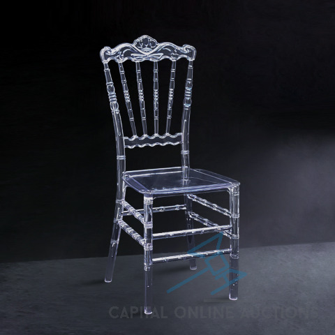 (200) New in Package Clear French Back Stackable Chairs