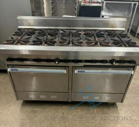 Garland Sunfire 10 burner range with 2 standard ovens.