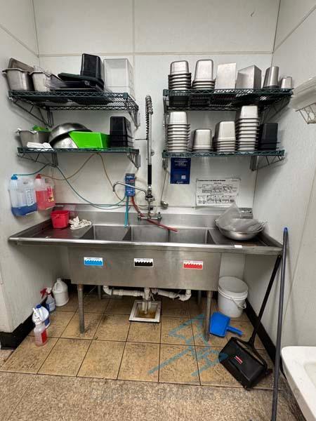 3 compartment sink with oversprayer, left and right drain boards