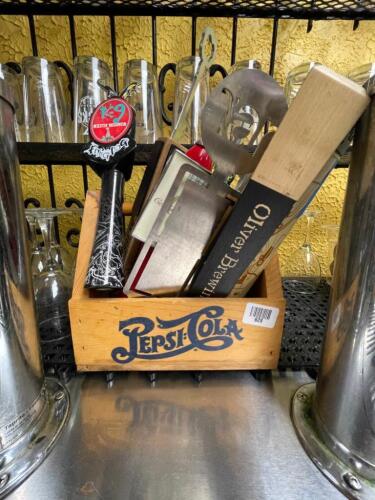 Wooden 6-pack holder and assortment of different beer tap handles