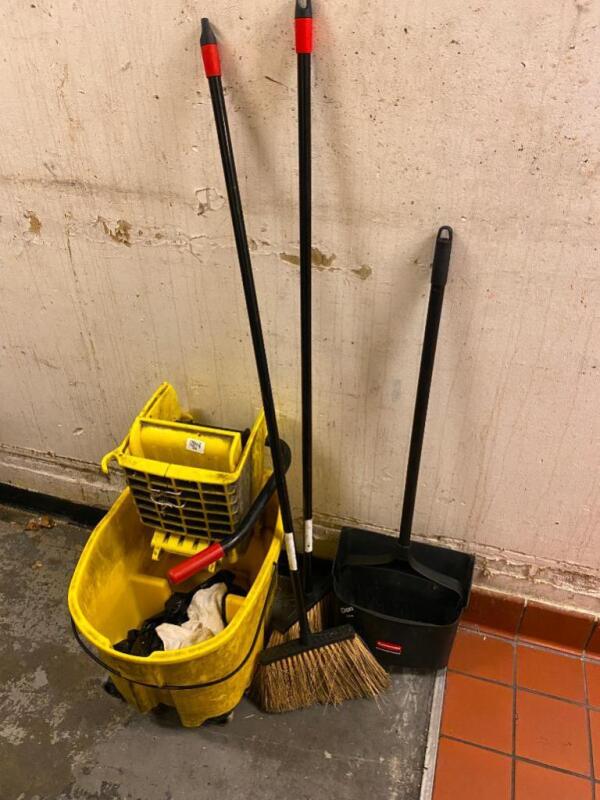 Janitorial Bucket, 2 brooms, and Dust Pan