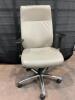 4 High Back Gray Chairs with Black Arms on Wheels
