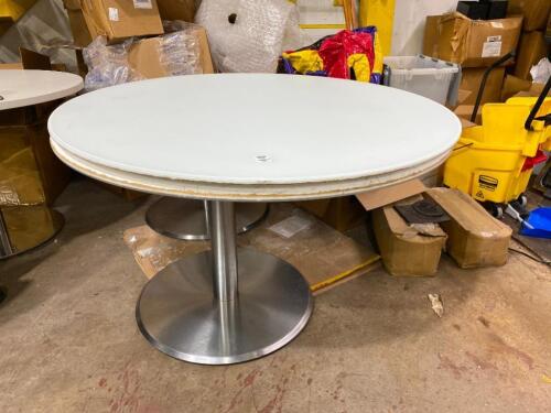 2 White Round Tables with Glass Tops and Bases